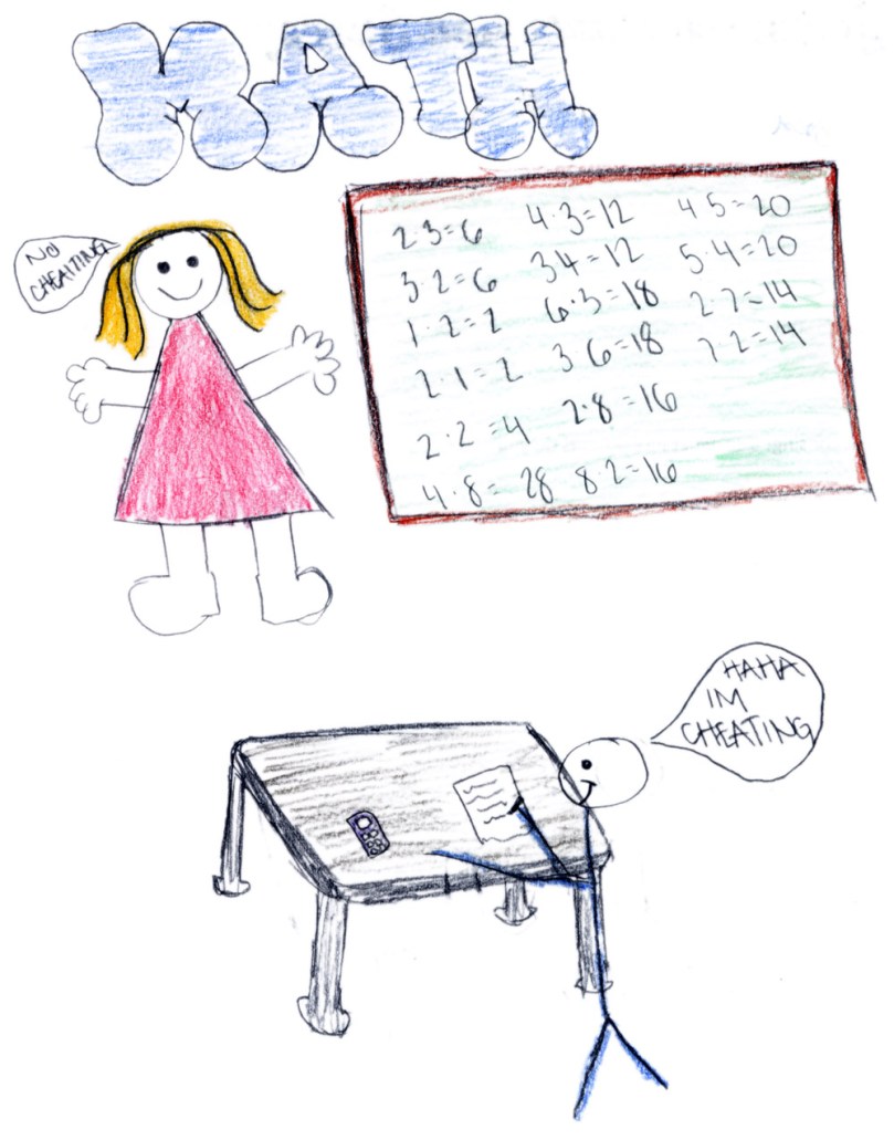 This boy's drawing is interesting in that it shows him cheating in math class.